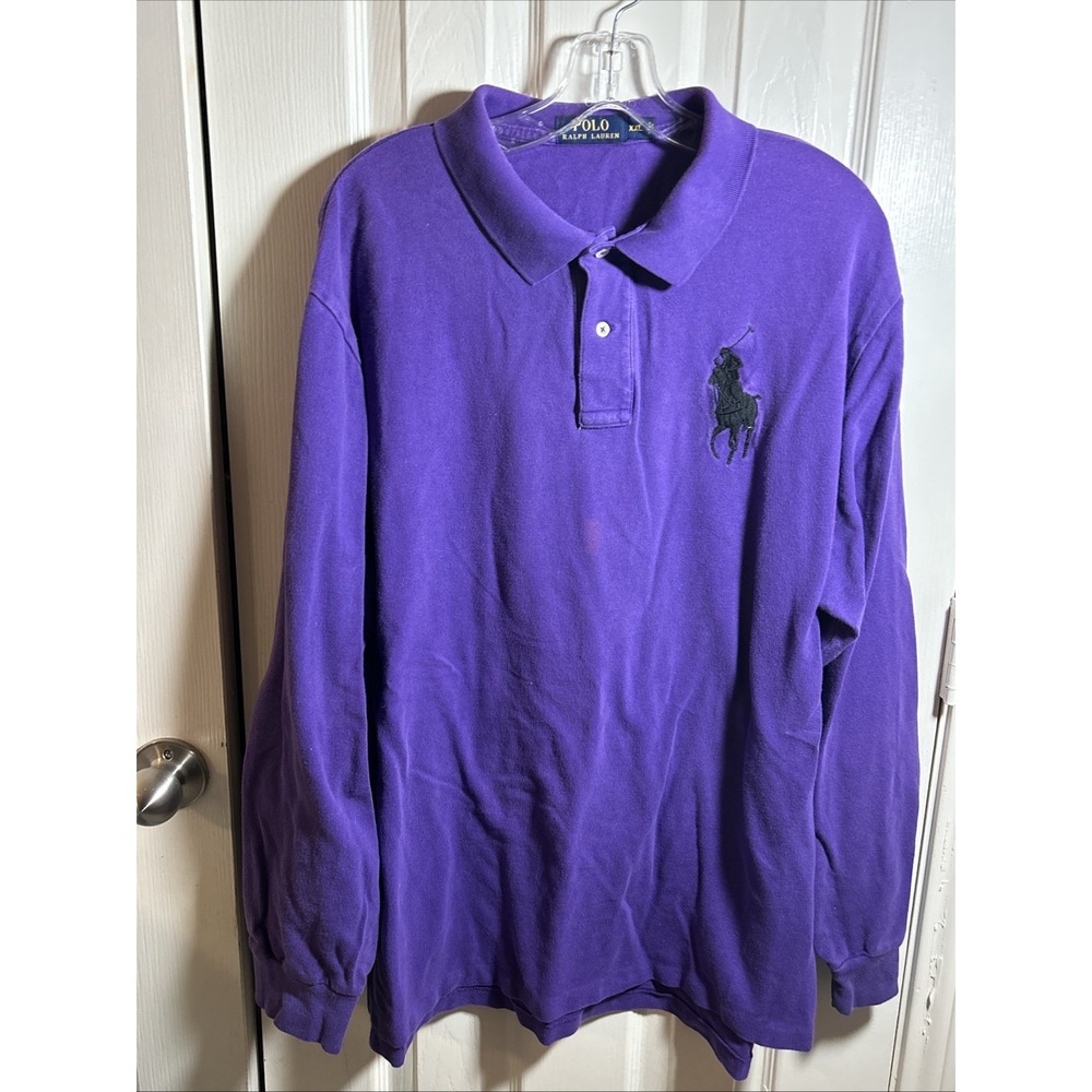 VTG Polo Ralph Lauren Long Sleeve Polo Shirt Purple Pony Logo Size XXL